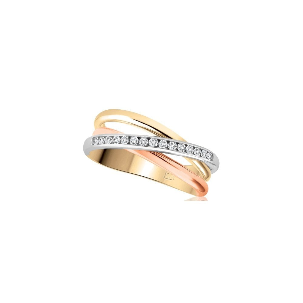 9ct yellow, white and rose gold band with 0.15ct Diamond