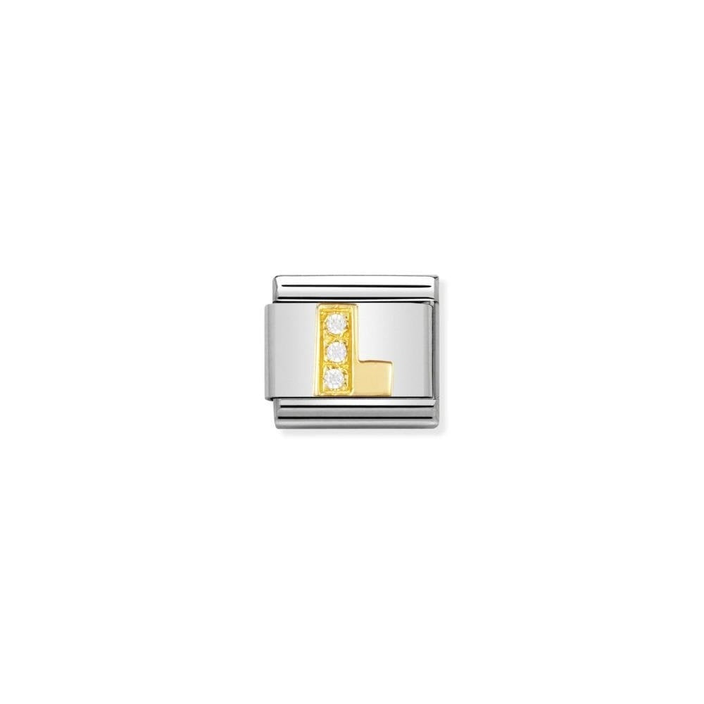 A stunning letter L charm. Get creative and spell out personal messages with Nomination's collection of letter charms. Perfectly crafted in stainless steel and adorned with 18ct gold and glistening cubic zirconia crystals, wear these pieces proudly