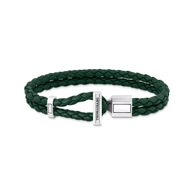 THOMAS SABO SILVER DOUBLE BRACELET WITH BRAIDED, GREEN LEATHER