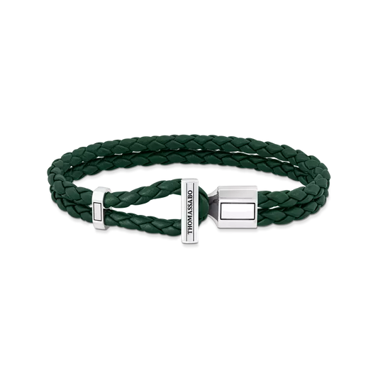 THOMAS SABO SILVER DOUBLE BRACELET WITH BRAIDED, GREEN LEATHER