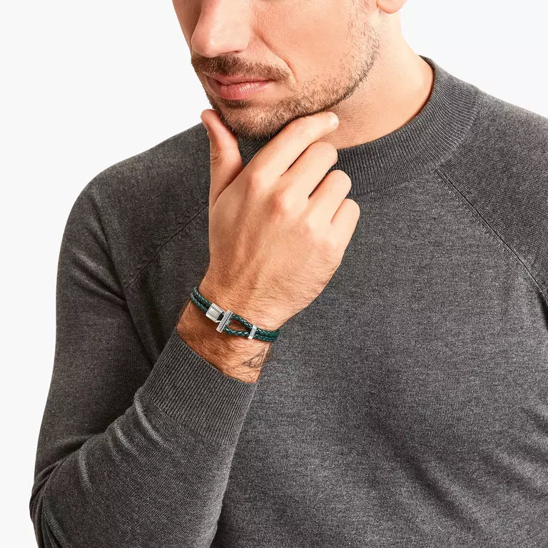 THOMAS SABO SILVER DOUBLE BRACELET WITH BRAIDED, GREEN LEATHER