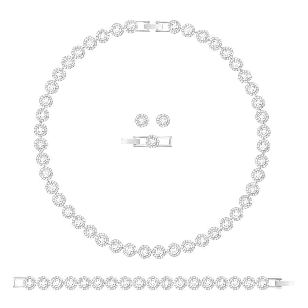 ANGELIC NECKLACE, BRACELET & STUD EARRINGS SET, WHITE ROUND SWAROVSKI CRYSTALS, RHODIUM PLATED