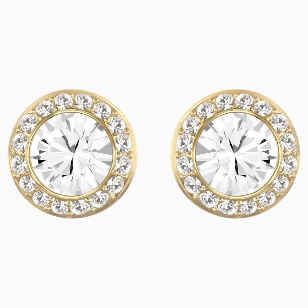 ANGELIC ROUND STUD EARRINGS, WHITE ROUND SWAROVSKI CRYSTALS, GOLD-TONE PLATED