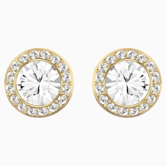 ANGELIC ROUND STUD EARRINGS, WHITE ROUND SWAROVSKI CRYSTALS, GOLD-TONE PLATED