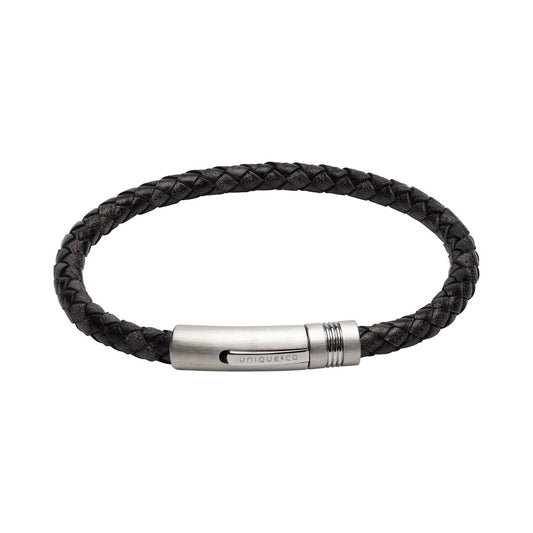 ANTIQUED BLACK BRAIDED LEATHER AND BRUSHED STEEL CLASP BRACELET