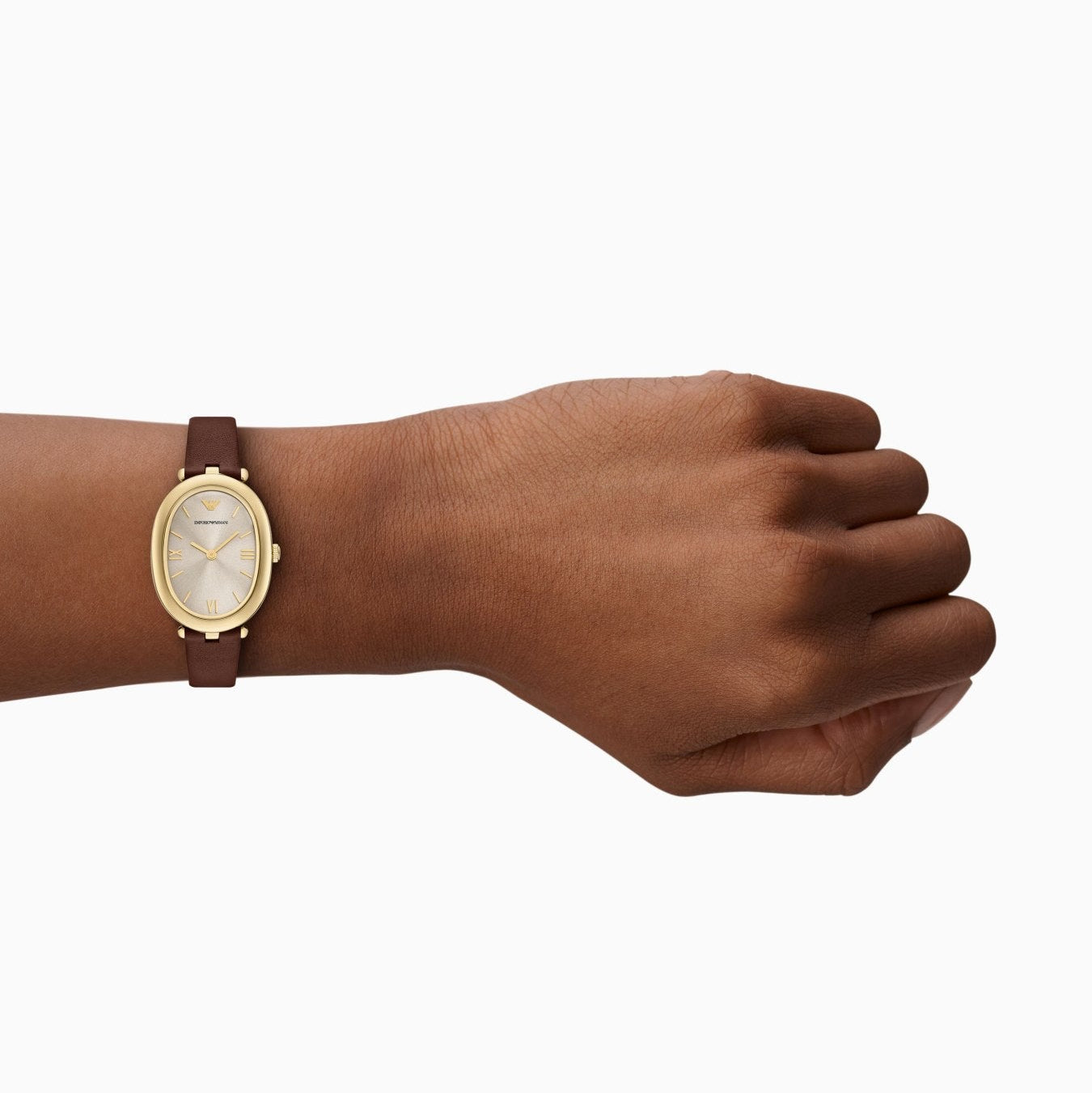 ARMANI LADIES GOLD OVAL BROWN LEATHER WATCH