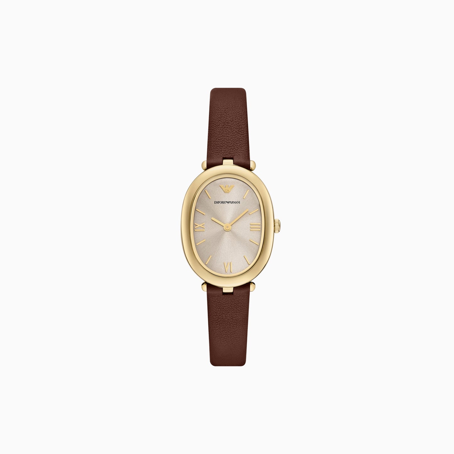 ARMANI LADIES GOLD OVAL BROWN LEATHER WATCH