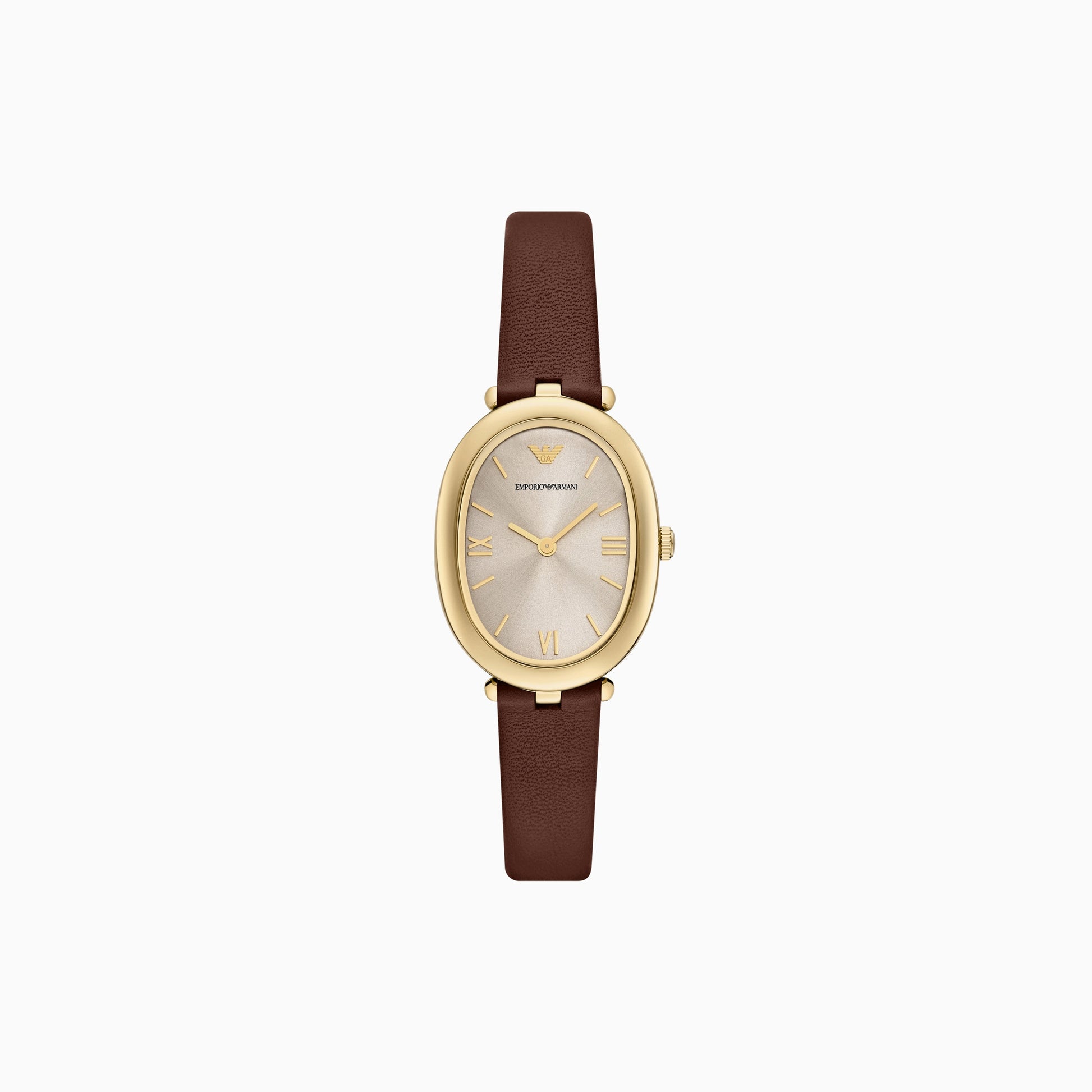 ARMANI LADIES GOLD OVAL BROWN LEATHER WATCH