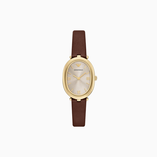 ARMANI LADIES GOLD OVAL BROWN LEATHER WATCH