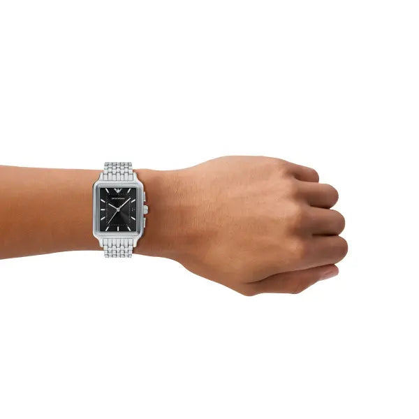 ARMANI BLACK RECTANGULAR DIAL GENTS STAINLESS STEEL WATCH