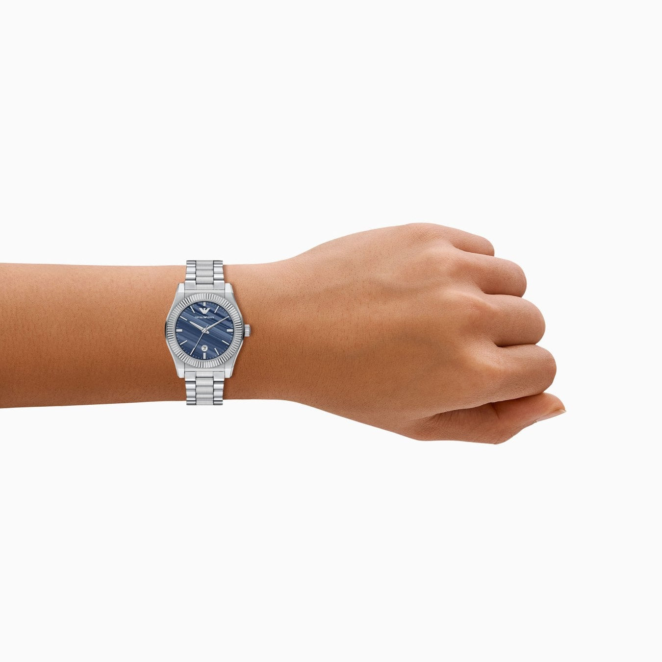 ARMANI BLUE DIAL LADIES STAINLESS STEEL WATCH