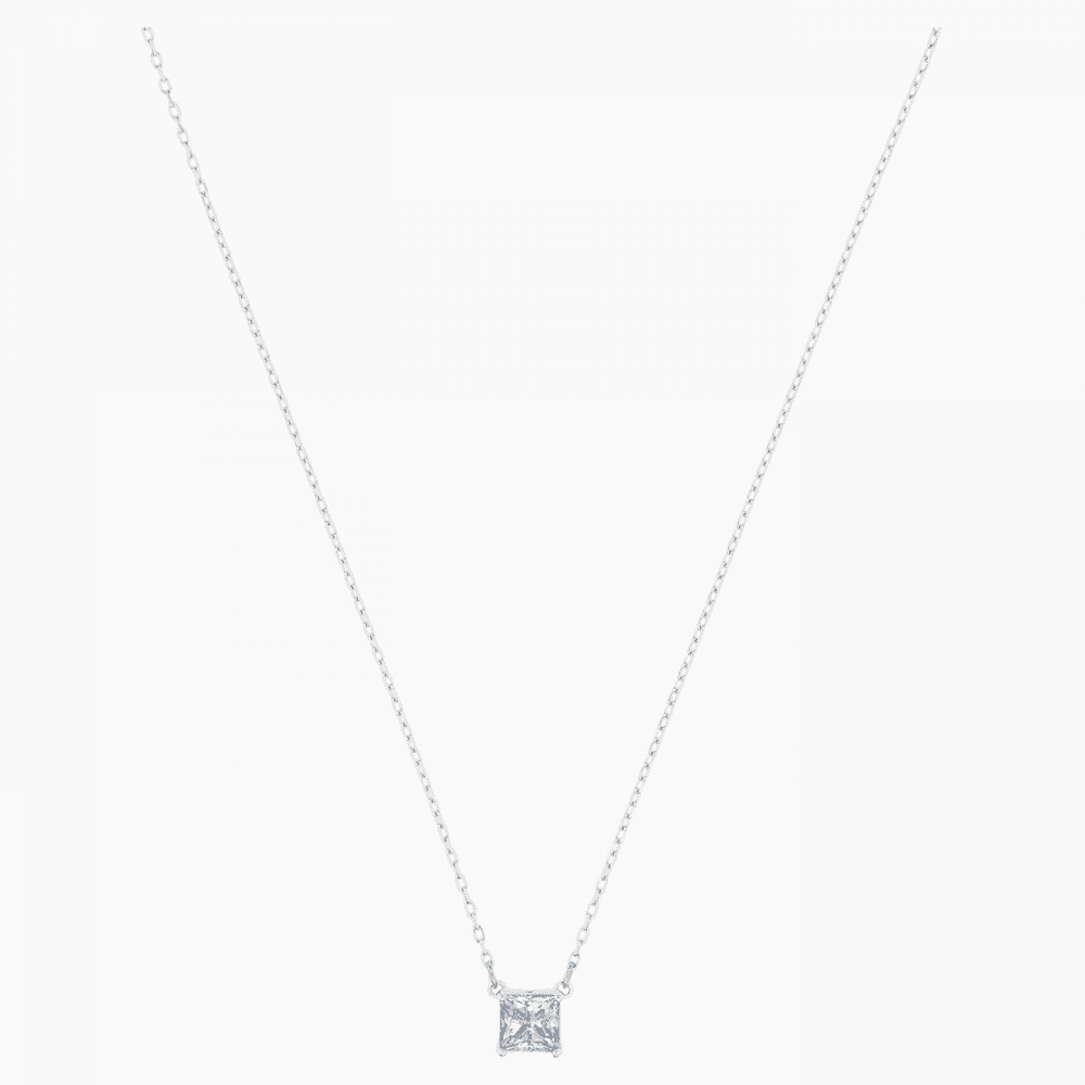 ATTRACT SQUARE CUT WHITE SWAROVSKI CRYSTAL NECKLACE, RHODIUM PLATED