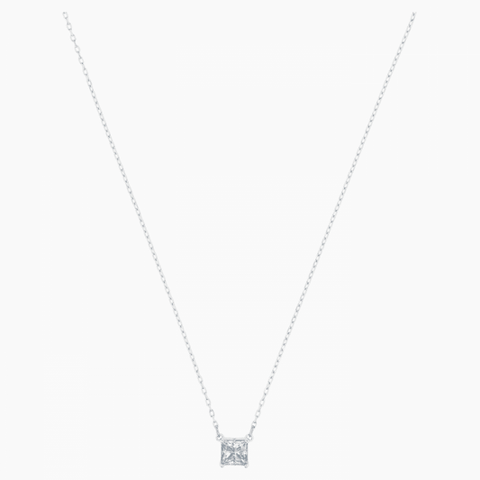 ATTRACT SQUARE CUT WHITE SWAROVSKI CRYSTAL NECKLACE, RHODIUM PLATED