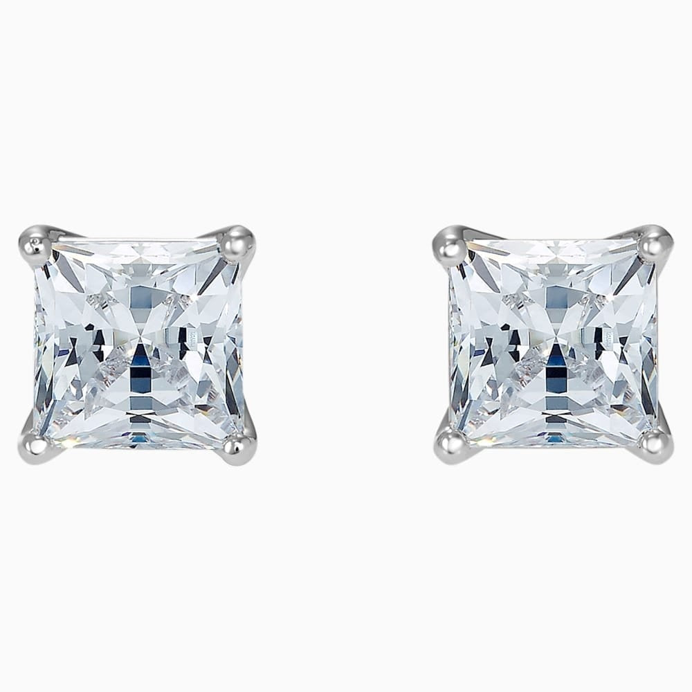 ATTRACT SQUARE STUD EARRINGS, WHITE SWAROVSKI CRYSTAL, RHODIUM PLATED