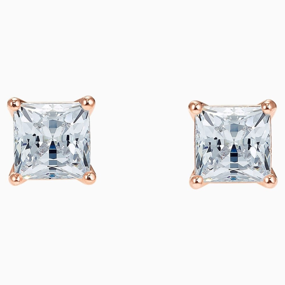 ATTRACT SQUARE STUD EARRINGS, WHITE SWAROVSKI CRYSTAL, ROSE-GOLD TONE PLATED