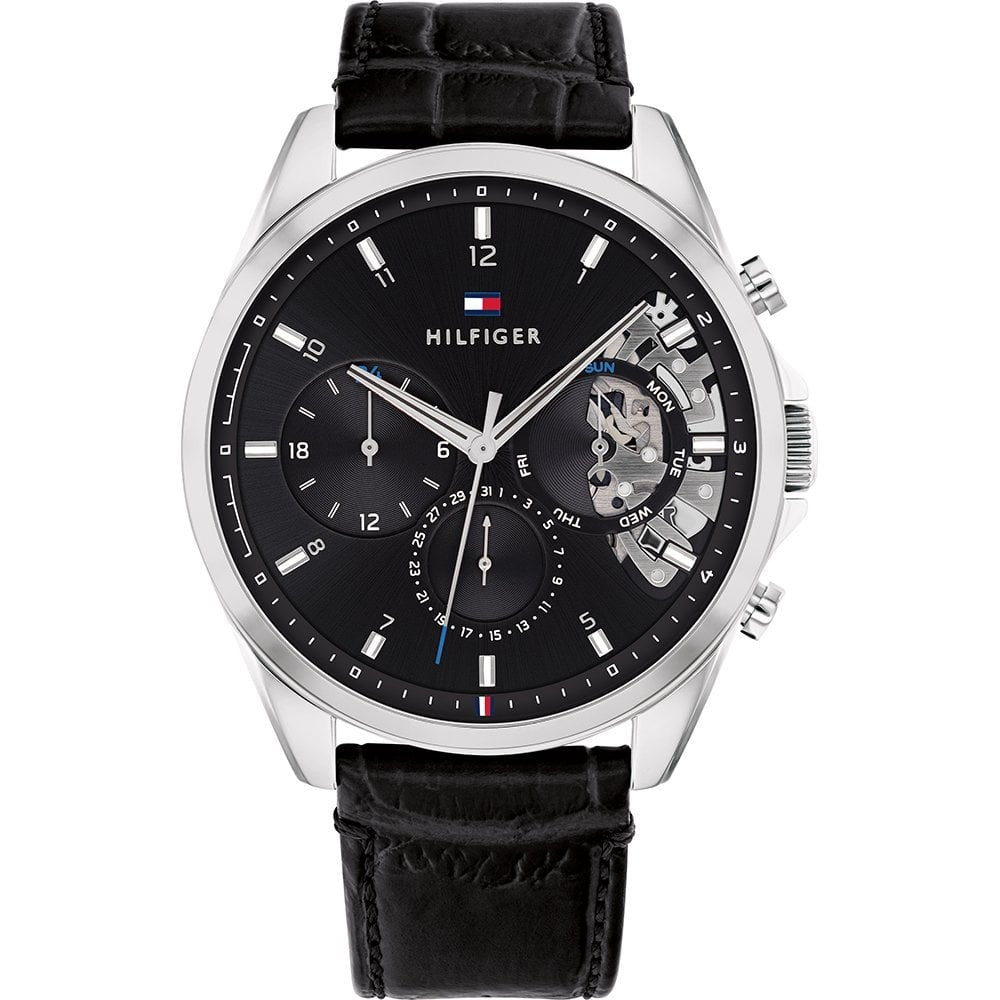 BAKER STAINLESS STEEL CHRONOGRAPH WATCH WITH BLACK DIAL & BLACK LEATHER STRAP
