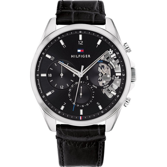 BAKER STAINLESS STEEL CHRONOGRAPH WATCH WITH BLACK DIAL & BLACK LEATHER STRAP