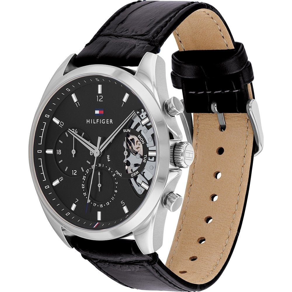 BAKER STAINLESS STEEL CHRONOGRAPH WATCH WITH BLACK DIAL & BLACK LEATHER STRAP