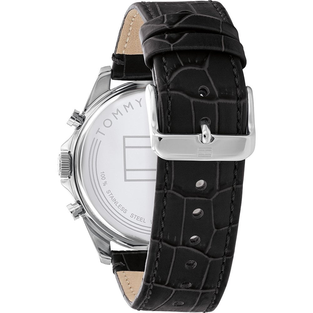 BAKER STAINLESS STEEL CHRONOGRAPH WATCH WITH BLACK DIAL & BLACK LEATHER STRAP