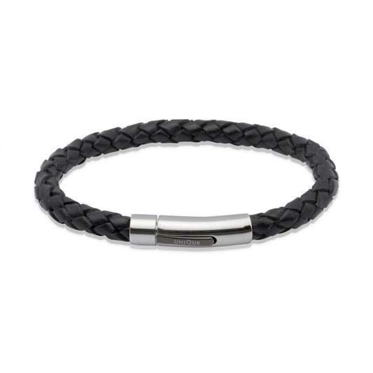 BLACK LEATHER BRACELET WITH STAINLESS STEEL CLASP