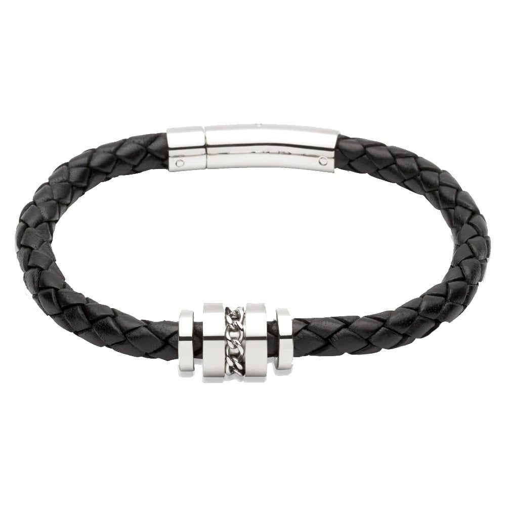 BLACK LEATHER UNIQUE MENS BRACELET