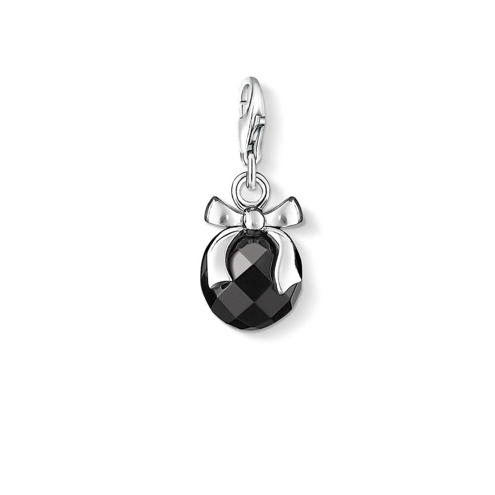 BLACK OBSIDIAN STONE CHARM PENDANT WITH STERLING SILVER BOW