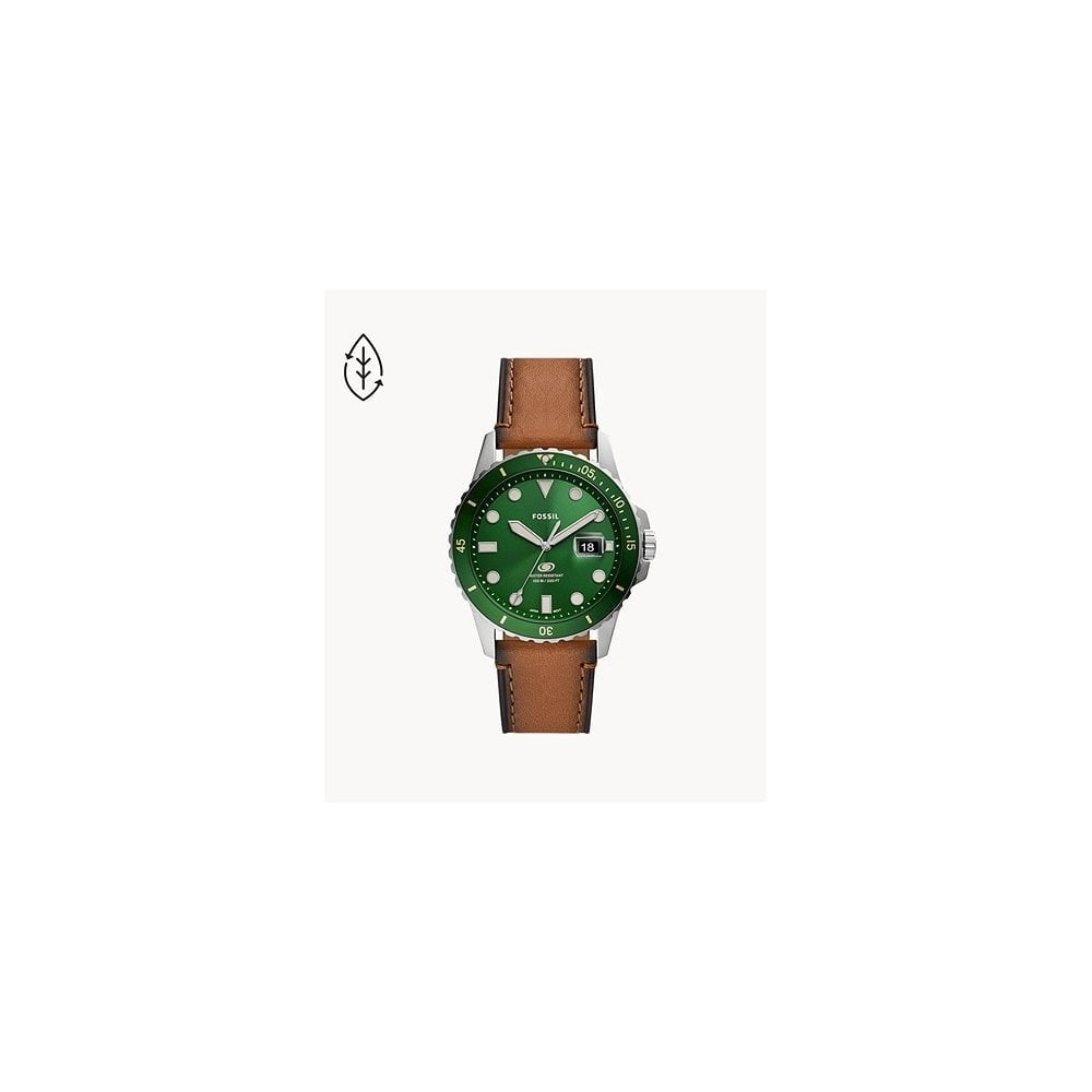 BLUE THREE-HAND DATE TAN ECO LEATHER WATCH