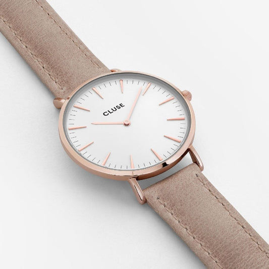 BOHO CHIC 38MM ROSE GOLD STAINLESS STEEL LADIES WATCH WITH BEIGE LEATHER STRAP