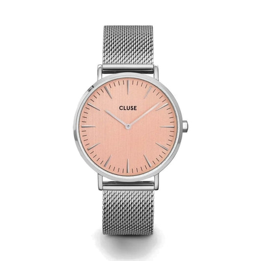BOHO CHIC STAINLESS STEEL MESH BRACELET WATCH WITH PINK DIAL