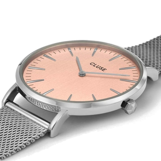 BOHO CHIC STAINLESS STEEL MESH BRACELET WATCH WITH PINK DIAL
