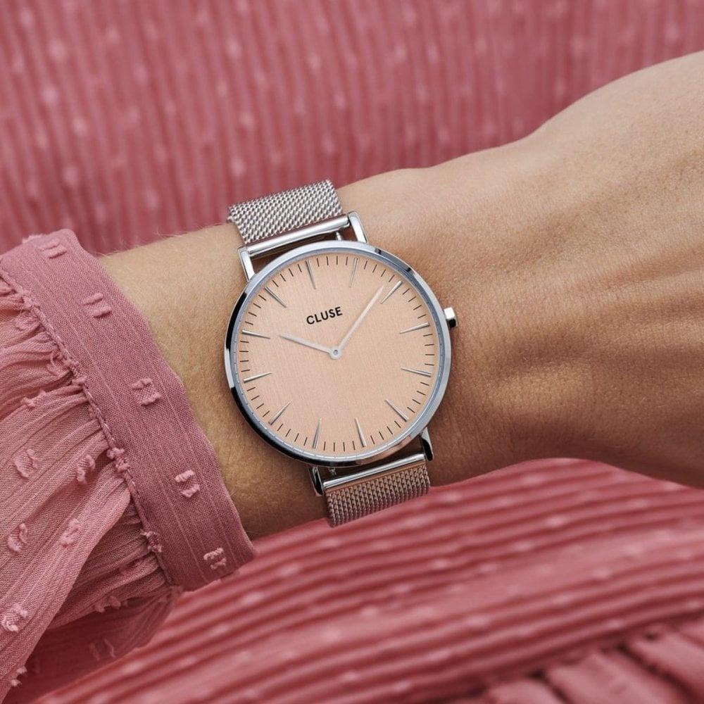 BOHO CHIC STAINLESS STEEL MESH BRACELET WATCH WITH PINK DIAL