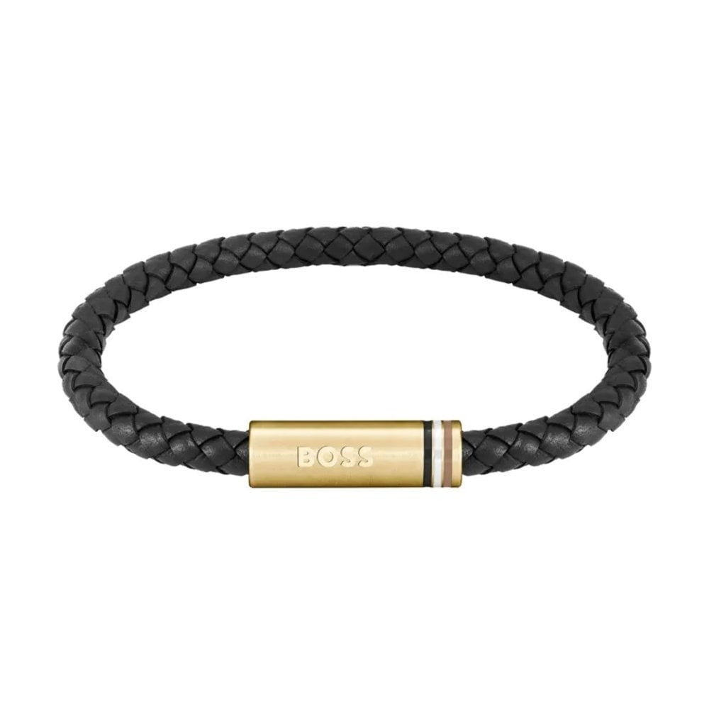 BOSS BLACK LEATHER BRACELET WITH GOLD CLASP 