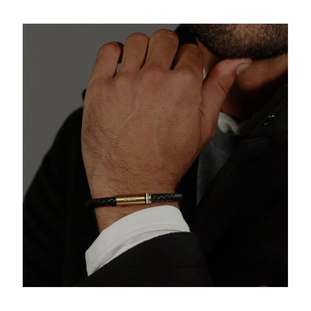 BOSS BLACK LEATHER BRACELET WITH GOLD CLASP 