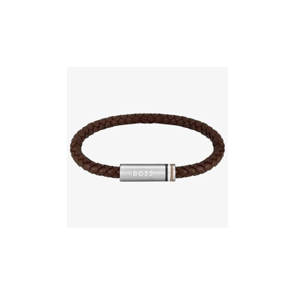 BOSS BROWN BRAIDED LEATHER BRACELET 