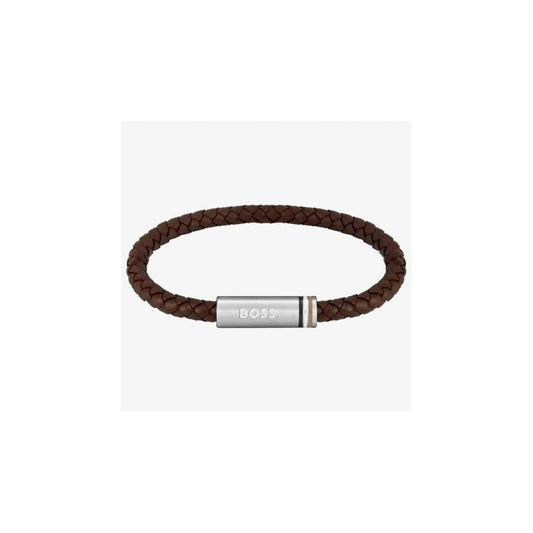 BOSS BROWN BRAIDED LEATHER BRACELET 