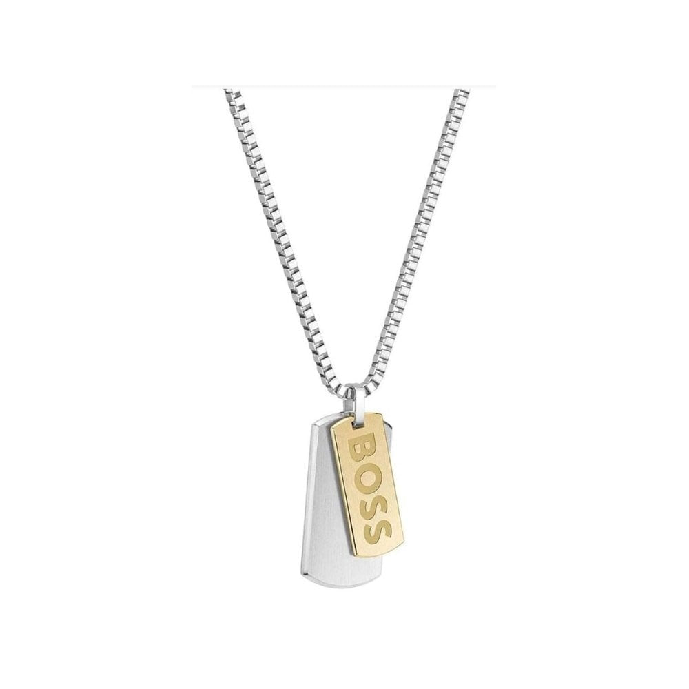 BOSS Devon Branded Double Tag Pendant Box Chain Steel Necklace