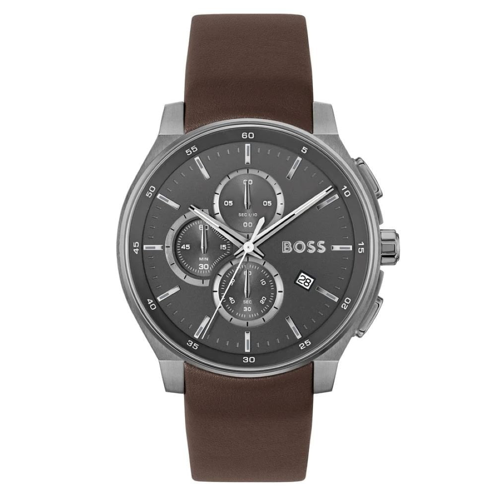 BOSS MEN'S PEAK 2.0 GREY DIAL STAINLESS STEEL WATCH WITH BROWN LEATHER STRAP