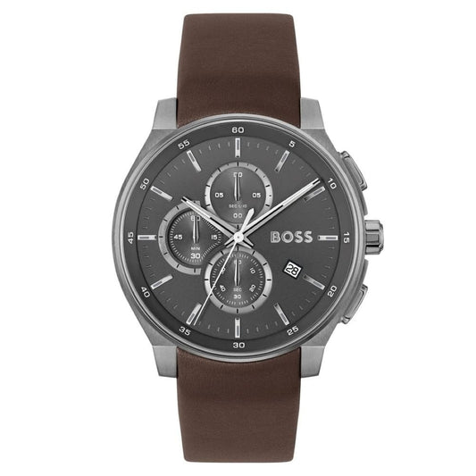BOSS MEN'S PEAK 2.0 GREY DIAL STAINLESS STEEL WATCH WITH BROWN LEATHER STRAP