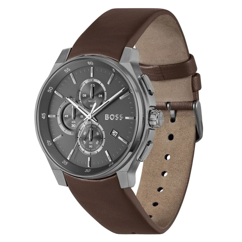 BOSS MEN'S PEAK 2.0 GREY DIAL STAINLESS STEEL WATCH WITH BROWN LEATHER STRAP