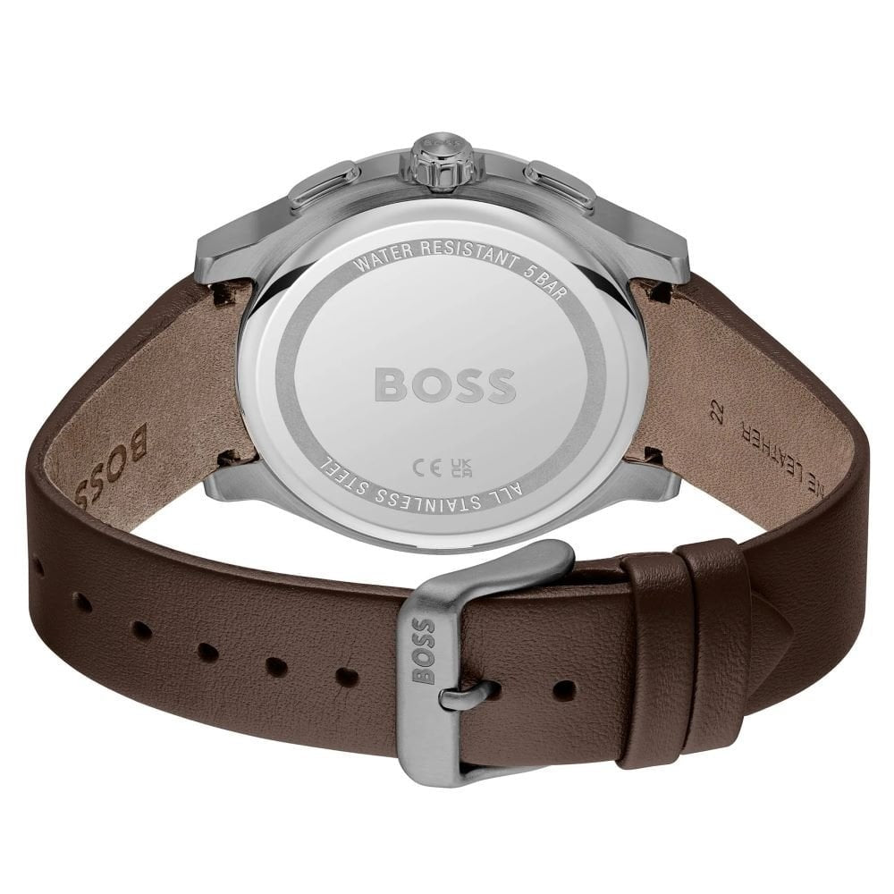 BOSS MEN'S PEAK 2.0 GREY DIAL STAINLESS STEEL WATCH WITH BROWN LEATHER STRAP