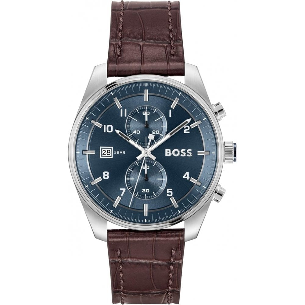 BOSS MEN'S SKYTRAVELLER CHRONOGRAPH WATCH WITH BROWN LEATHER STRAP