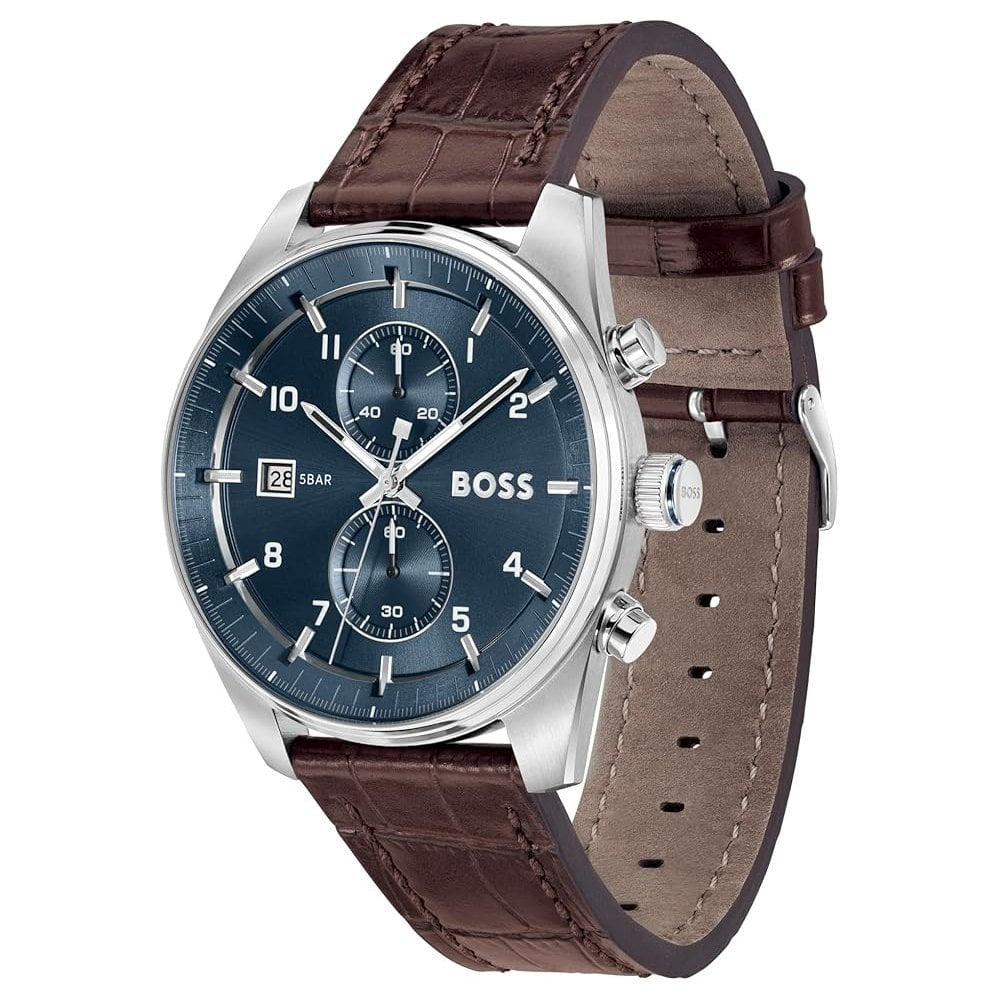 BOSS MEN'S SKYTRAVELLER CHRONOGRAPH WATCH WITH BROWN LEATHER STRAP