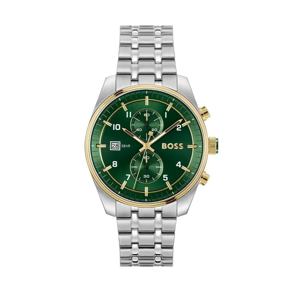 BOSS MEN'S SKYTRAVELLER GREEN DIAL TWO TONED STAINESS STEEL WATCH