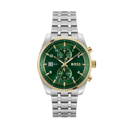 BOSS MEN'S SKYTRAVELLER GREEN DIAL TWO TONED STAINESS STEEL WATCH
