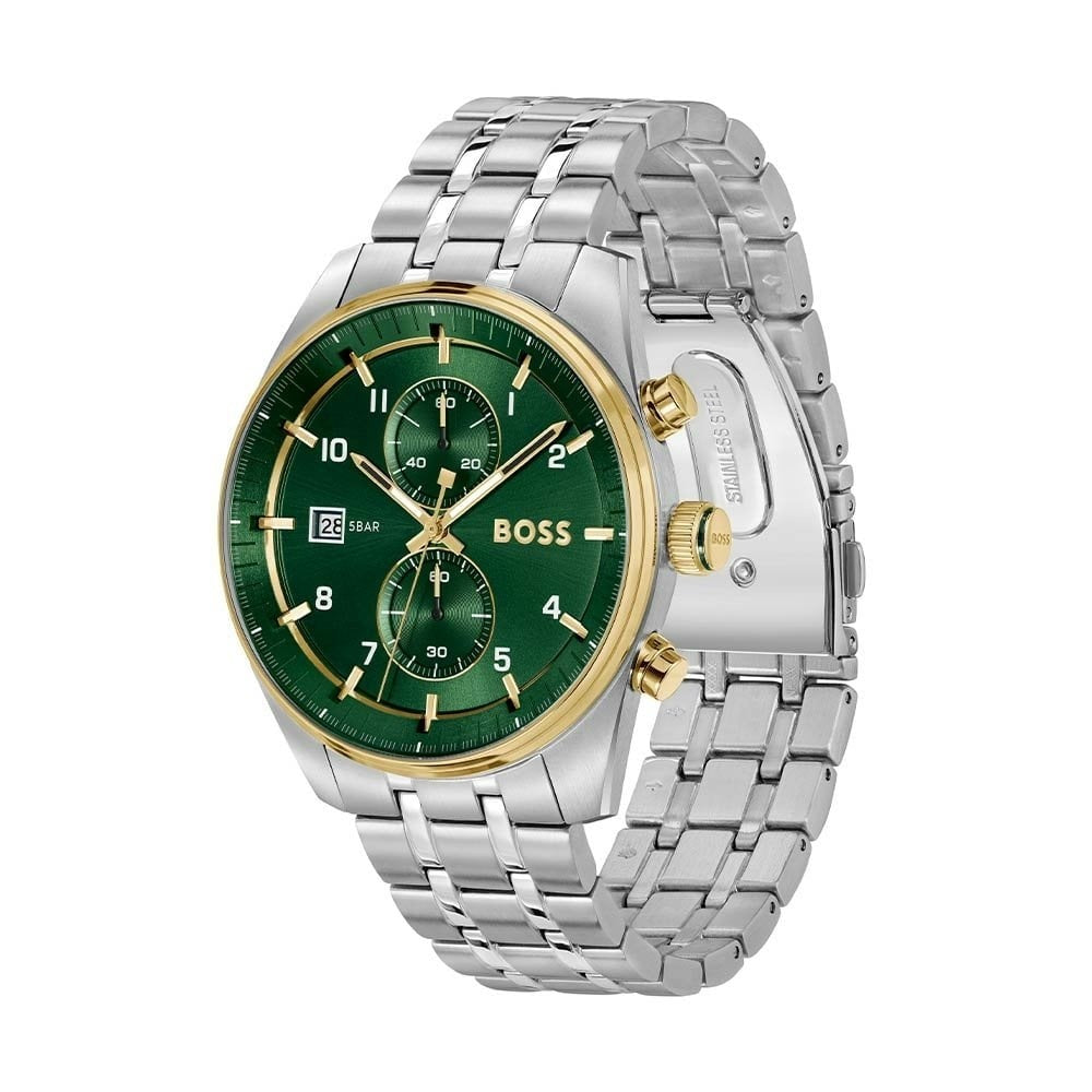 BOSS MEN'S SKYTRAVELLER GREEN DIAL TWO TONED STAINESS STEEL WATCH