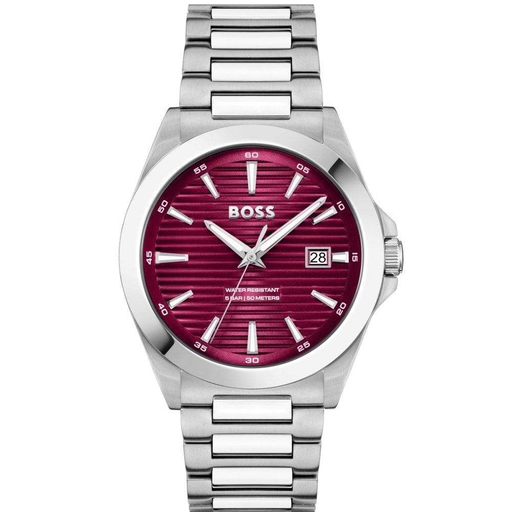 BOSS MEN'S STRIKE RED DIAL STAINLESS STEEL WATCH