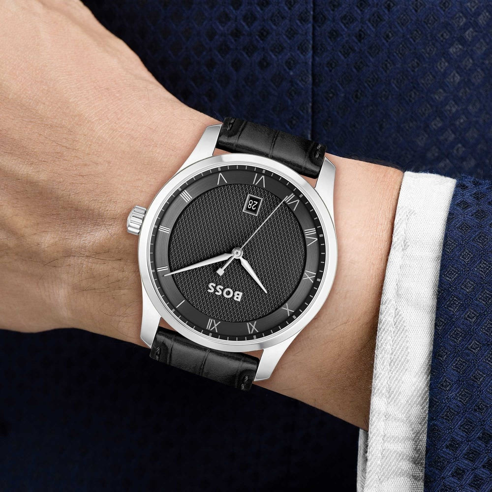 BOSS PRINCIPLE GENTS BLACK LEATHER WATCH