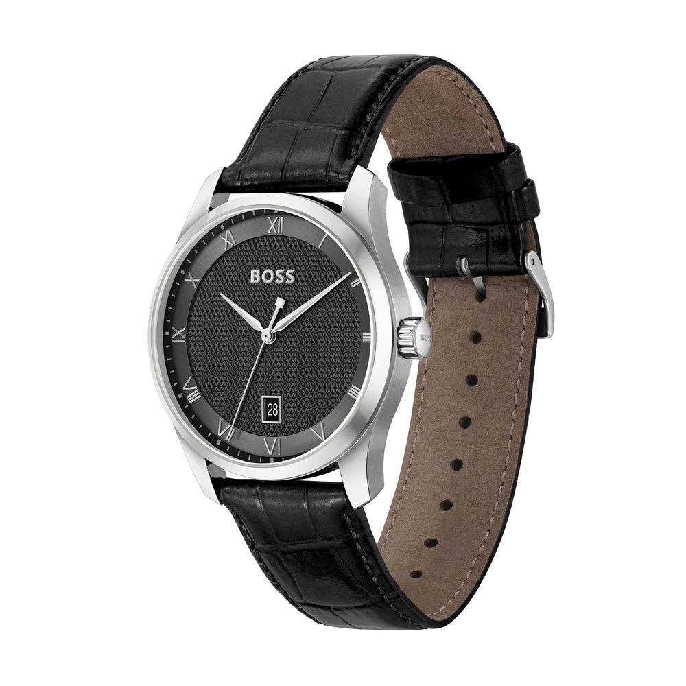 BOSS PRINCIPLE GENTS BLACK LEATHER WATCH