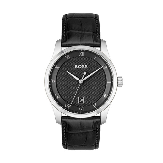 BOSS PRINCIPLE GENTS BLACK LEATHER WATCH