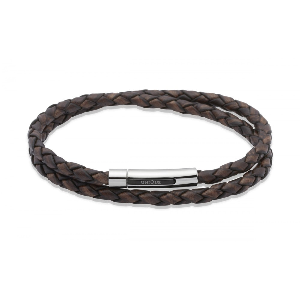 BROWN LEATHER BRACELET STAINLESS STEEL 21CM